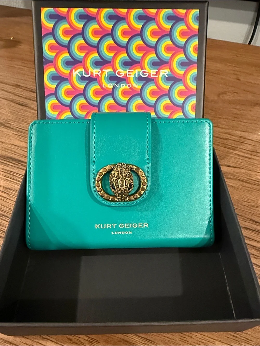 Kurt Geiger Teal Leather Snap Key & Card Holder with Brass Eagle Emblem